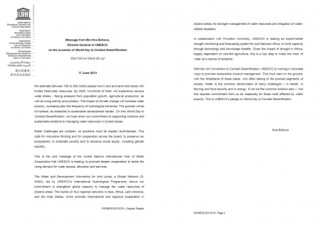Mensagem da Diretora-Geral da UNESCO relativamente à celebração do Dia Mundial no Combate à Desertificação